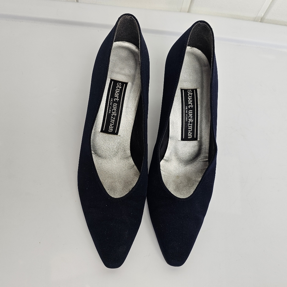 Vintage Stuart Weitzman Navy Blue Silver Interior Kitten Heels 8W - Picture 2 of 6